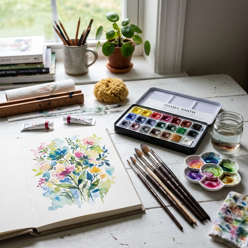 A watercolor painting setup on a white wooden table by a window, featuring an open sketchbook with a colorful floral painting, a Daniel Smith watercolor palette, paint tubes, brushes, a small water dish, sponge, and other art supplies.