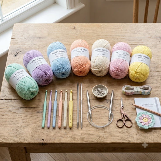 A styled flat-lay of a knitting kit on a light wooden table, featuring eight pastel-colored balls of yarn, nine matching crochet hooks, two knitting needles, a tape measure, scissors, a small dish of metal clips, and a small crochet piece. Each yarn ball has a label reading 'PASTEL BLEND'.