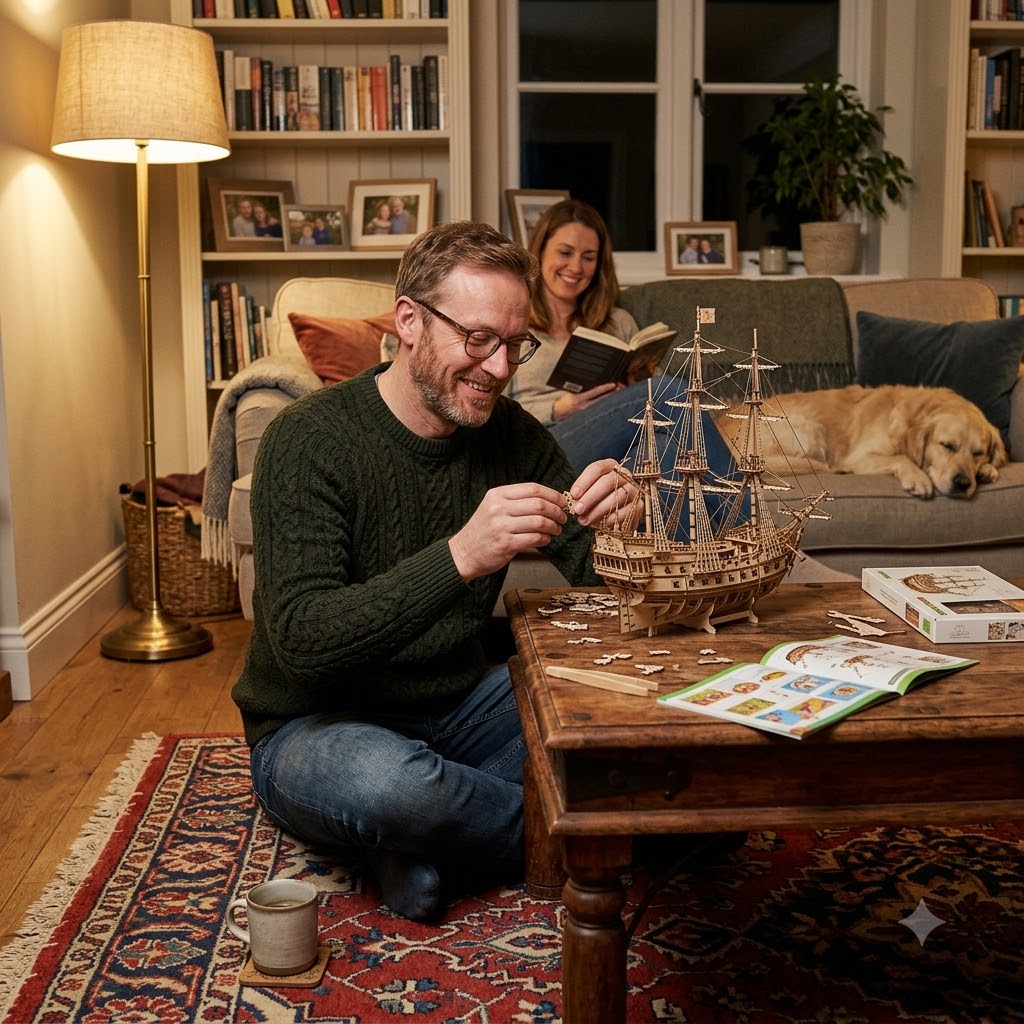A man kneels on a patterned rug in a cozy living room, assembling a wooden sailing ship model on a wooden coffee table. A woman is sitting on a sofa in the background reading a book, with a golden retriever dog resting on the couch.