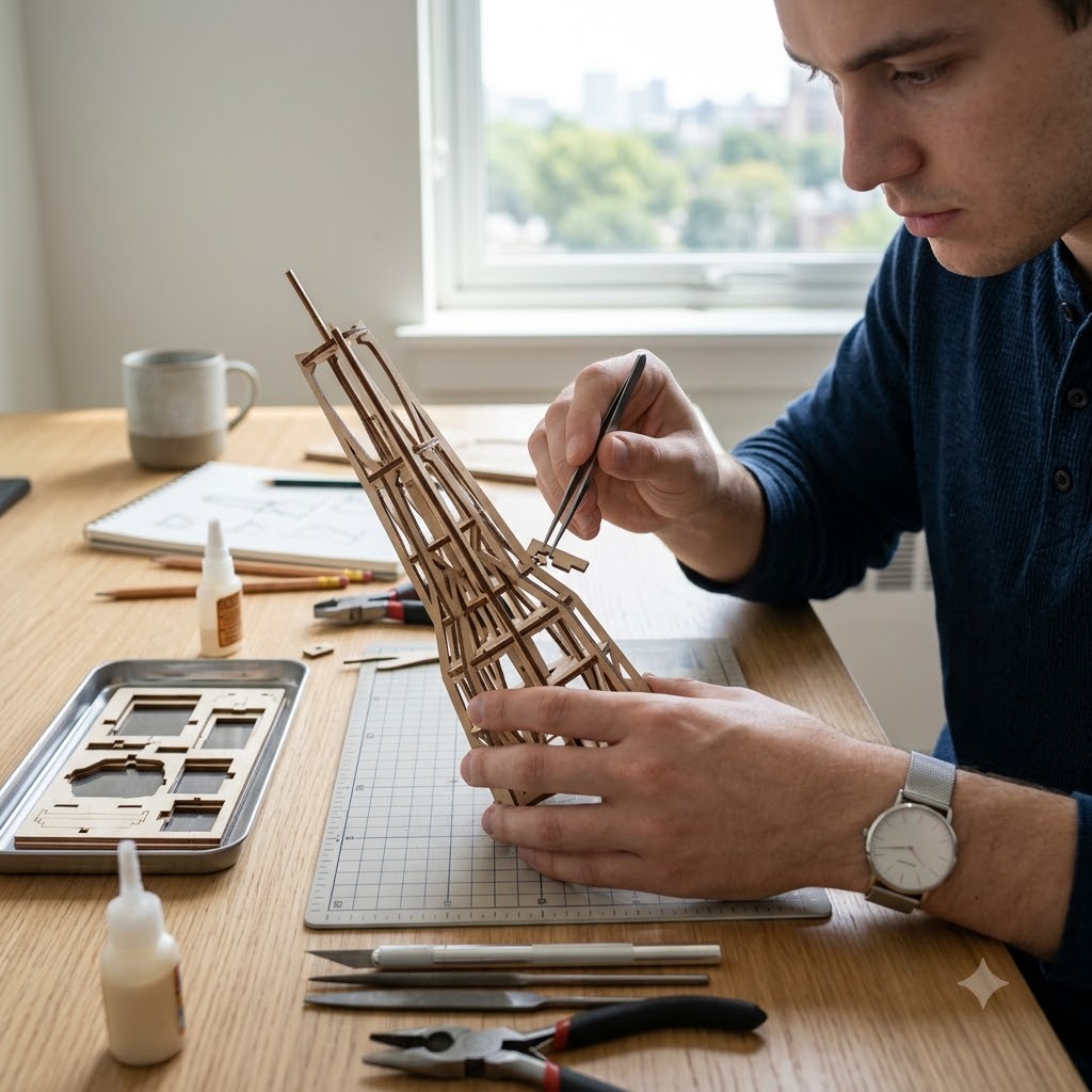 A man in a navy blue shirt is carefully assembling a wooden model on a cutting mat at a wooden desk, surrounded by crafting tools and a mug.