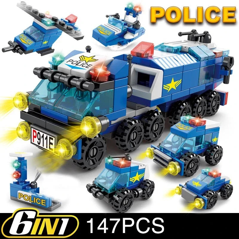 6-in-1 Police & Construction Vehicle Building Blocks Set
