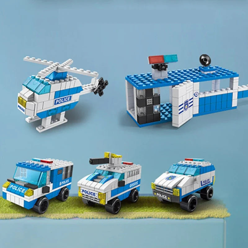 6-in-1 Police & Construction Vehicle Building Blocks Set