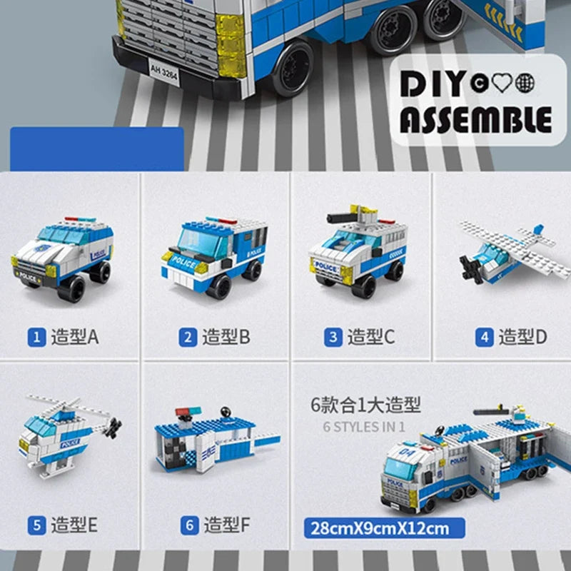 6-in-1 Police & Construction Vehicle Building Blocks Set
