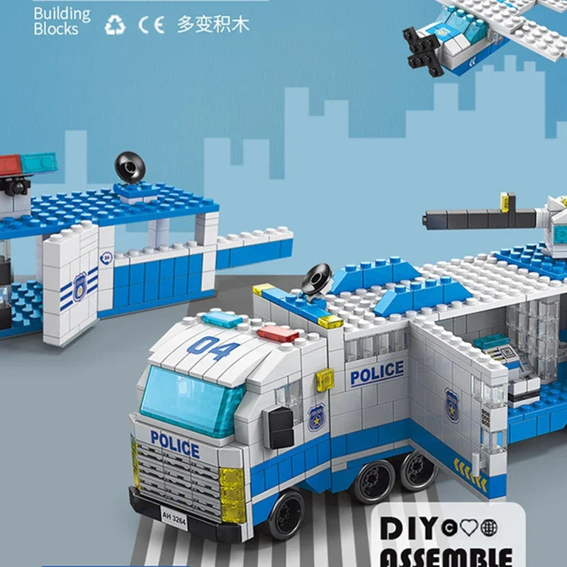 6-in-1 Police & Construction Vehicle Building Blocks Set
