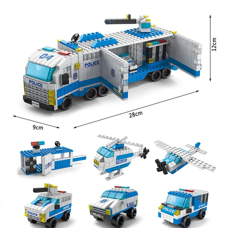 6-in-1 Police & Construction Vehicle Building Blocks Set