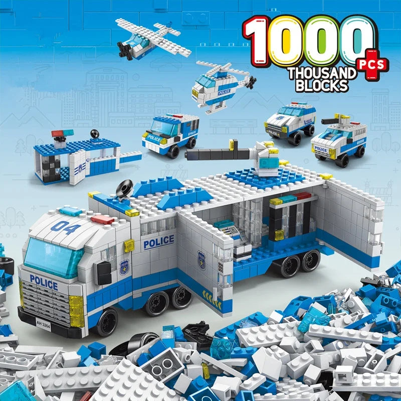 6-in-1 Police & Construction Vehicle Building Blocks Set