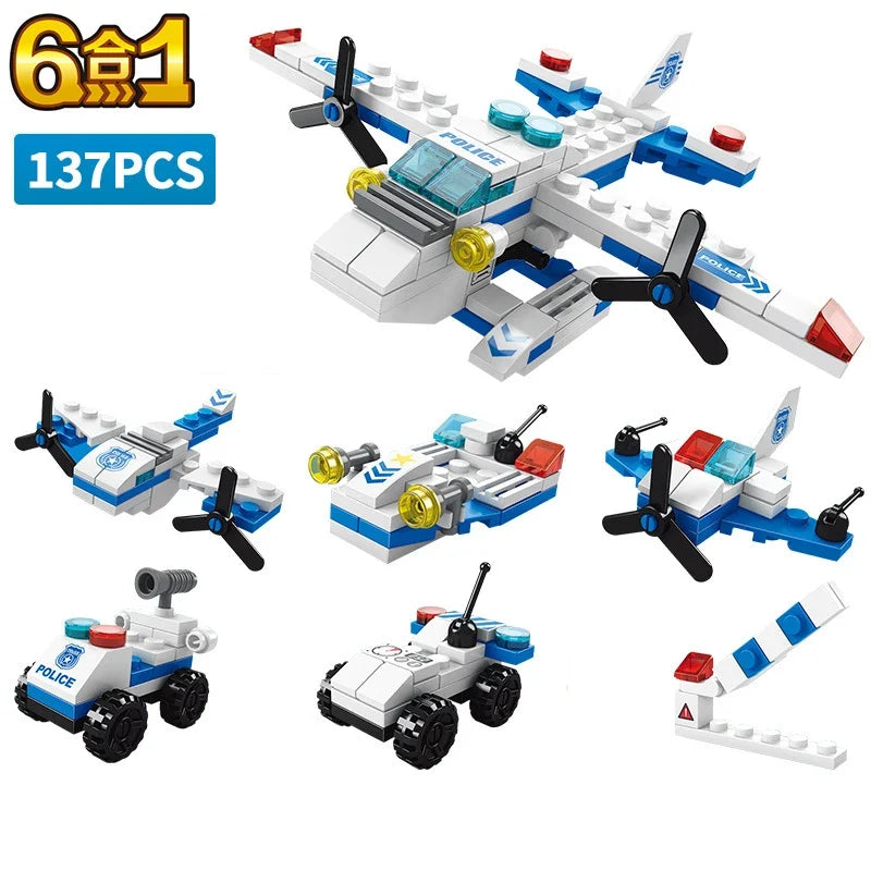 6-in-1 Police & Construction Vehicle Building Blocks Set