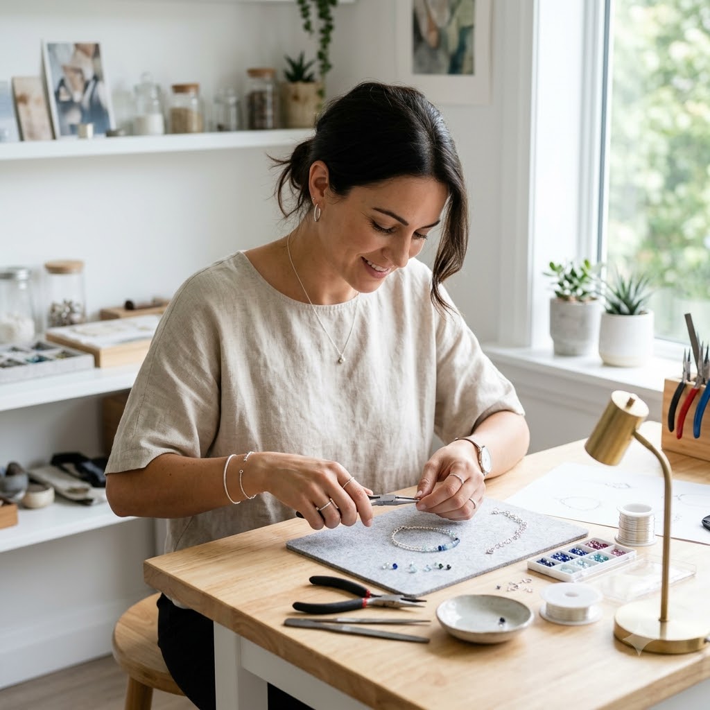 A woman wearing a beige linen top sits at a wooden table in a bright, cozy craft room, working on jewelry making with pliers, beads, and a small lamp.