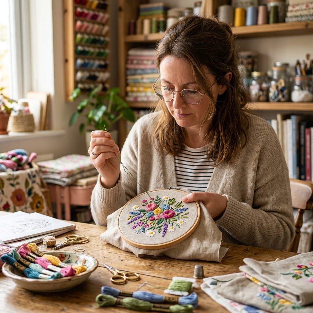 A woman with glasses sits at a wooden table in a cozy craft room, holding a floral embroidery hoop with a finished embroidered piece. She wears a beige cardigan over a striped shirt, surrounded by embroidery floss, scissors, and fabric.